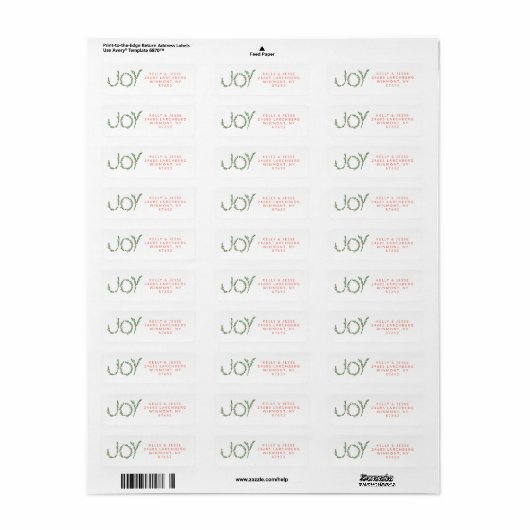 Joy Christmas Holly Red and Green Address ラベル (フルシート)