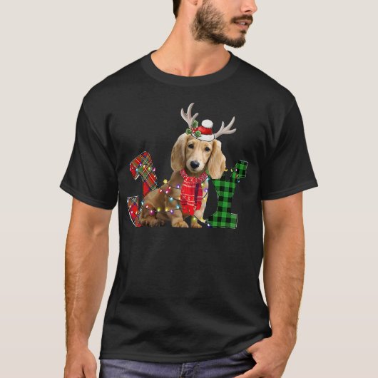 Joy Christmas Lights Long Haired Dachshund Dog San Tシャツ (正面)