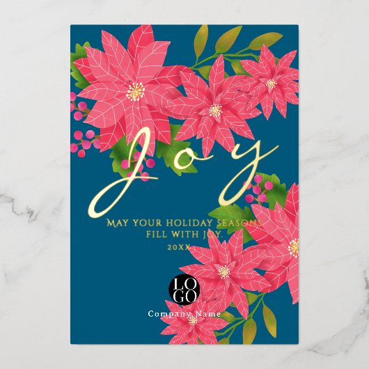 Joy Christmas Poinsettia Business Logo Blue 箔シーズンカード (正面)