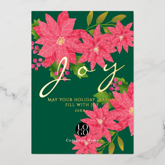 Joy Christmas Poinsettia Business Logo Green 箔シーズンカード (正面)