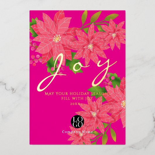 Joy Christmas Poinsettia Business Logo Red 箔シーズンカード (正面)