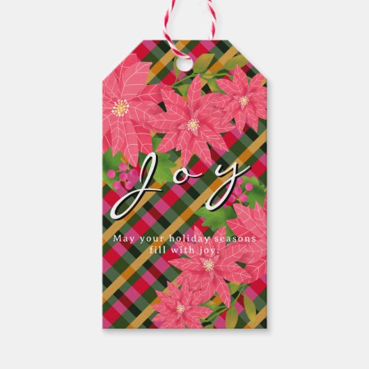 Joy Christmas Poinsettia Plaid Business Logo Gift ギフトタグ (正面)