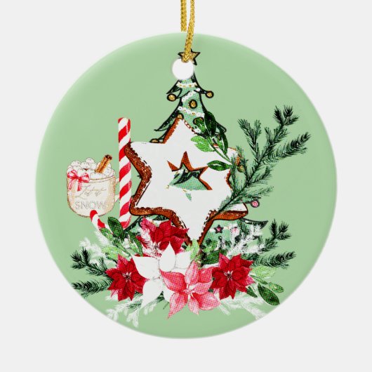 JOY Christmas Tree Flowers Candy Cane セラミックオーナメント (正面)