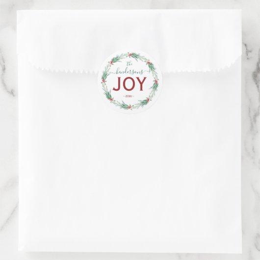 Joy Christmas Wreath Name Handwritten Script ラウンドシール (バッグ)