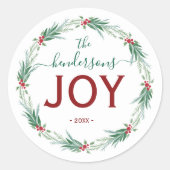 Joy Christmas Wreath Name Handwritten Script ラウンドシール (正面)