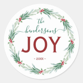 Joy Christmas Wreath Name Handwritten Script ラウンドシール