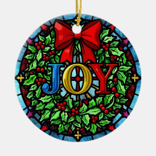 Joy Christmas Wreath Stained Glass セラミックオーナメント (正面)