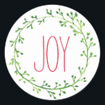 Joy Christmas Wreath Typography Quote Stickers ラウンドシール<br><div class="desc">緑の水色の花輪とエレガントな赤いフォントのJoyという単語を持つシンプルで綺麗なクリスマスステッカー。</div>