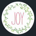 Joy Christmas Wreath Typography Quote Stickers ラウンドシール<br><div class="desc">緑の水色の花輪とエレガントな赤いフォントのJoyという単語を持つシンプルで綺麗なクリスマスステッカー。</div>