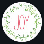 Joy Christmas Wreath Typography Quote Stickers ラウンドシール<br><div class="desc">緑の水色の花輪とエレガントな赤いフォントのJoyという単語を持つシンプルで綺麗なクリスマスステッカー。</div>