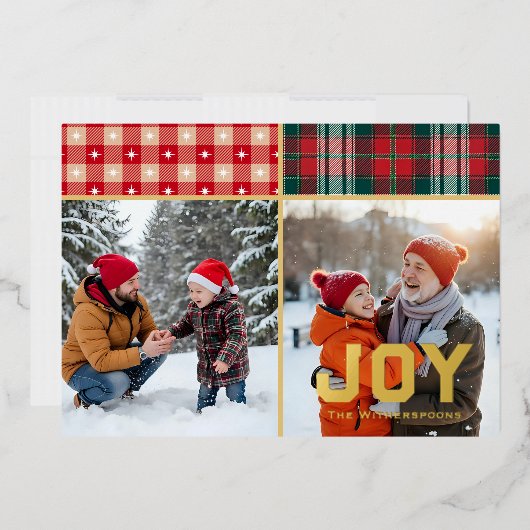 Joy Cozy Plaid and Gold 2 Family Photo Flat 箔シーズンカード (封筒)
