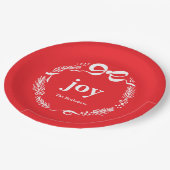 Joy Custom Red Modern Whimsical Bow Christmas ペーパープレート (アングル)