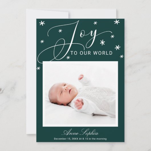 Joy Cute Script Photo Christmas Birth Announcement シーズンカード (正面)