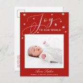 Joy Cute Script Photo Christmas Birth Announcement シーズンポストカード (正面/裏面)