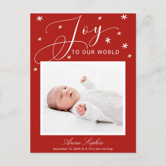 Joy Cute Script Photo Christmas Birth Announcement シーズンポストカード (正面)