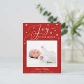 Joy Cute Script Photo Christmas Birth Announcement シーズンポストカード (スタンド正面)