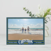 JOY Dusty Blue金ゴールドスクリプトシンプルフォトクリスマス シーズンカード (スタンド正面)