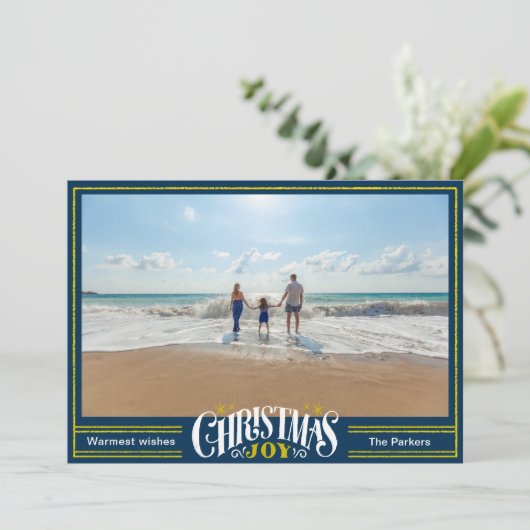 JOY Dusty Blue金ゴールドスクリプトシンプルフォトクリスマス シーズンカード (スタンド正面)