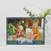 JOY Dusty Blue金ゴールドスクリプトシンプルフォトクリスマス シーズンカード (スタンド正面)