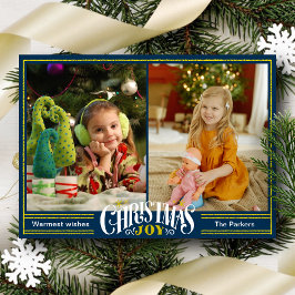 JOY Dusty Blue金ゴールドスクリプトシンプルフォトクリスマス シーズンカード