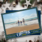 JOY Dusty Blue金ゴールドスクリプトシンプルフォトクリスマス シーズンカード