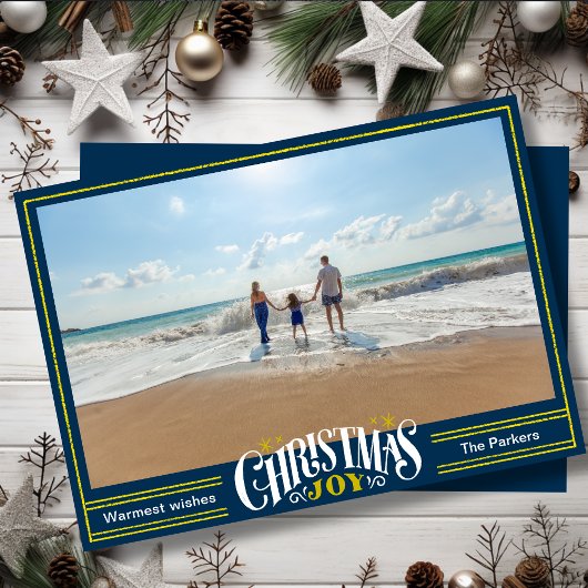 JOY Dusty Blue金ゴールドスクリプトシンプルフォトクリスマス シーズンカード