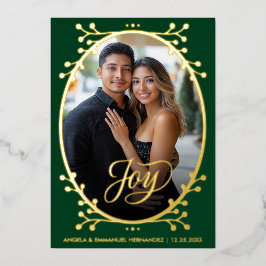  Joy | Elegant Calligraphy Photo Green Christmas 箔シーズンカード