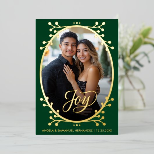  Joy | Elegant Calligraphy Photo Green Christmas 箔シーズンカード (立ち正面)