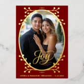  Joy | Elegant Calligraphy Photo Red Christmas 箔シーズンカード (正面)