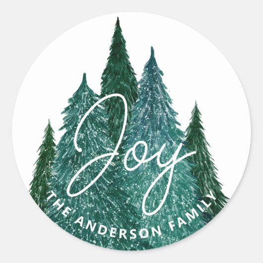 Joy Evergreen Christmas | 冬のホリデー+モミの木 ラウンドシール (正面)