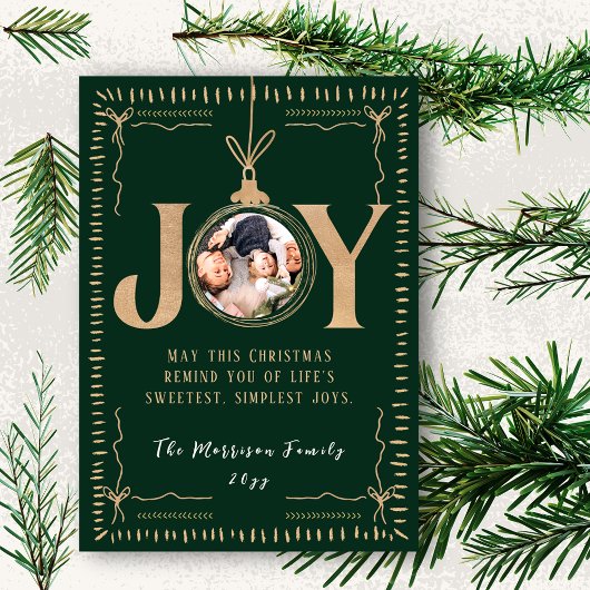 JOY Evergreen Gold Accents Classy Christmas Photo シーズンカード
