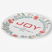 Joy Floral Christmas Wreath Family Custom Name ペーパープレート (アングル)