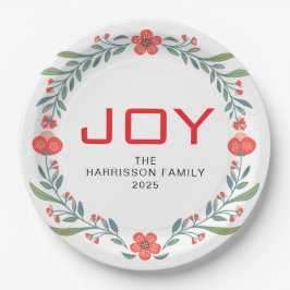 Joy Floral Christmas Wreath Family Custom Name ペーパープレート