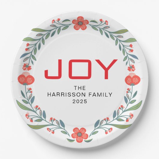 Joy Floral Christmas Wreath Family Custom Name ペーパープレート (正面)