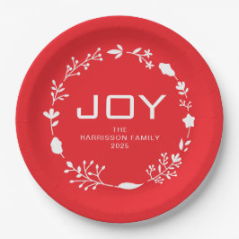 Joy Floral Christmas Wreath Family Custom Name ペーパープレート