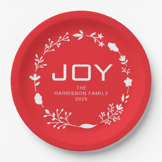 Joy Floral Christmas Wreath Family Custom Name ペーパープレート (正面)