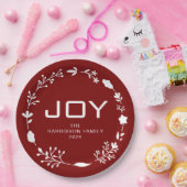 Joy Floral Christmas Wreath Family Custom Name ペーパープレート (パーティー)