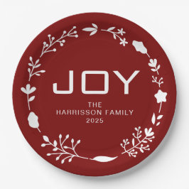 Joy Floral Christmas Wreath Family Custom Name ペーパープレート
