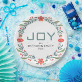 Joy Floral Christmas Wreath Family Custom Name ペーパープレート (パーティー)