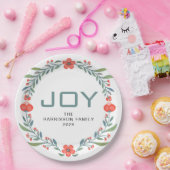 Joy Floral Christmas Wreath Family Custom Name ペーパープレート (パーティー)