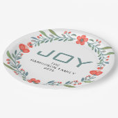 Joy Floral Christmas Wreath Family Custom Name ペーパープレート (アングル)
