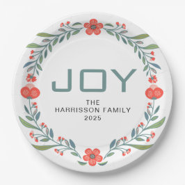 Joy Floral Christmas Wreath Family Custom Name ペーパープレート
