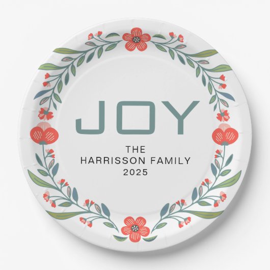 Joy Floral Christmas Wreath Family Custom Name ペーパープレート (正面)