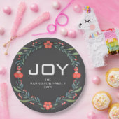 Joy Floral Christmas Wreath Family Custom Name ペーパープレート (パーティー)