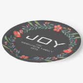 Joy Floral Christmas Wreath Family Custom Name ペーパープレート (アングル)