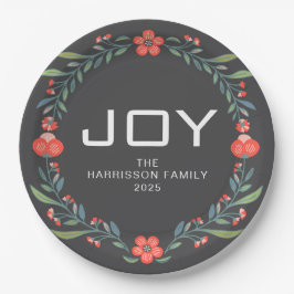 Joy Floral Christmas Wreath Family Custom Name ペーパープレート