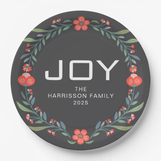 Joy Floral Christmas Wreath Family Custom Name ペーパープレート (正面)