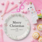 Joy Floral Christmas Wreath Family Custom Name ペーパープレート (パーティー)