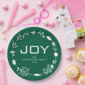Joy Floral Christmas Wreath Family Custom Name ペーパープレート (パーティー)