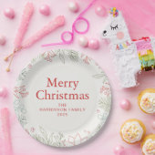 Joy Floral Christmas Wreath Family Custom Name ペーパープレート (パーティー)